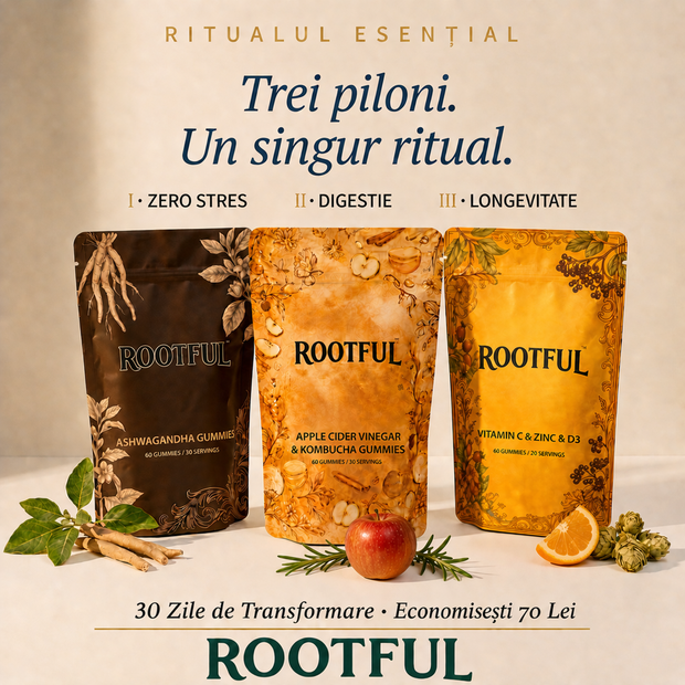 Pachetul Ritualul Esențial ROOTFUL: trei pungi de jeleuri, vitamina C cu zinc și D3, oțet de mere cu kombucha și ashwagandha KSM-66