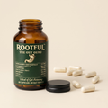 Supliment ROOTFUL Gut Guru pentru sănătatea intestinală cu Ashwagandha KSM-66, Lactobacillus, L-glutamină, bromelaină și papaină – flacon de 60 capsule, fabricat în România, capsulele afara