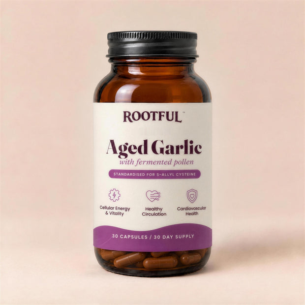 ROOTFUL Aged Garlic with fermented pollen, flacon de sticlă amber, etichetă violet, 30 capsule / 30 day supply