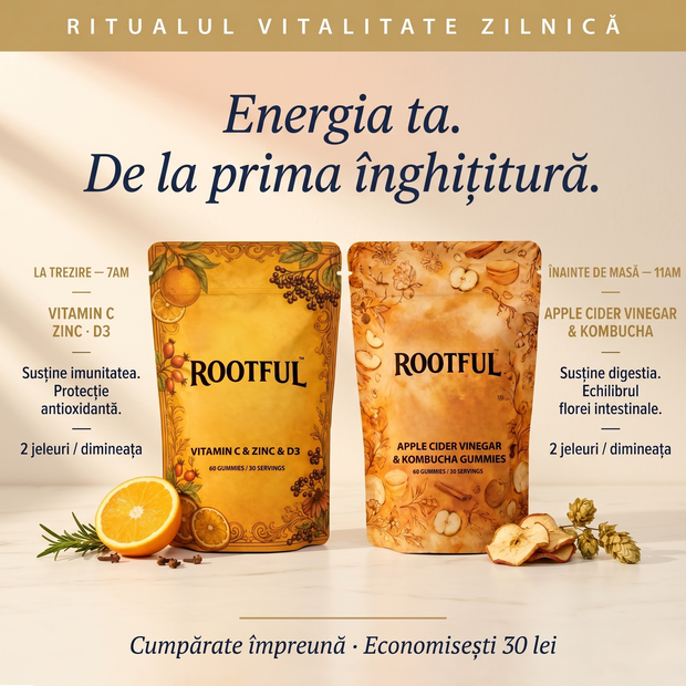 Bundle Rootful Ritualul Vitalitate Zilnică: jeleuri Vitamin C, Zinc și D3 pentru imunitate la trezire și jeleuri Apple Cider Vinegar și Kombucha pentru digestie înainte de masă, pe fundal cremă cu portocală, rozmarin, mere uscate și hamei.