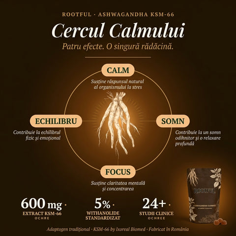 Infografic ROOTFUL Ashwagandha KSM-66 — Cercul Calmului. Cele patru efecte ale ashwagandhei asupra organismului: calm, somn, focus și echilibru. Susține răspunsul natural la stres, contribuie la un somn odihnitor, claritate mentală și echilibru fizic și emoțional. Conține 600mg extract KSM-66 standardizat la 5% withanolide, susținut de peste 24 de studii clinice. Adaptogen tradițional fabricat în România.