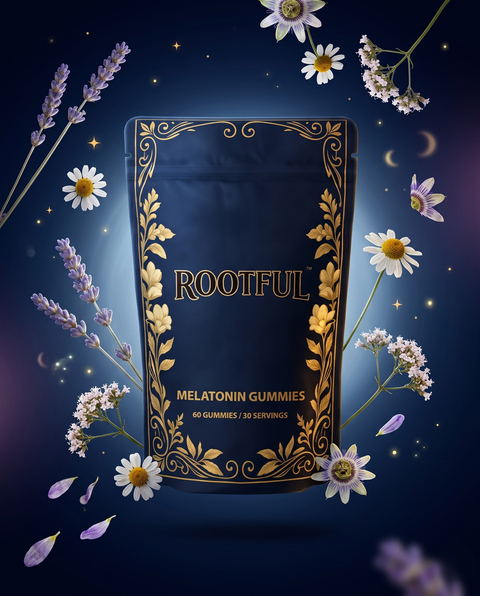 ROOTFUL Melatonin 5mg jeleuri — pungă bleumarin cu accente aurii, 60 jeleuri, 30 porții, înconjurată de sprig-uri de lavandă, mușețel alb, floare de pasiune și o lună crescentă pe fundal albastru profund de noapte. Compoziție editorială nocturnă pentru susținerea adormirii naturale și somnului odihnitor.
