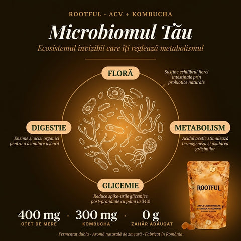 Infografic ROOTFUL ACV + Kombucha — Microbiomul Tău. Ecosistemul invizibil care îți reglează metabolismul, ilustrat prin patru efecte ale jeleurilor cu oțet de mere și kombucha: floră intestinală echilibrată, metabolism activ, glicemie stabilă și digestie ușoară. Conține 400mg oțet din cidru de mere fermentat și 300mg pulbere de kombucha din ceai verde, zero zahăr adăugat. Reduce spike-urile glicemice post-prandiale cu până la 34%. Fermentat dublu, aromă naturală de zmeură, fabricat în România.