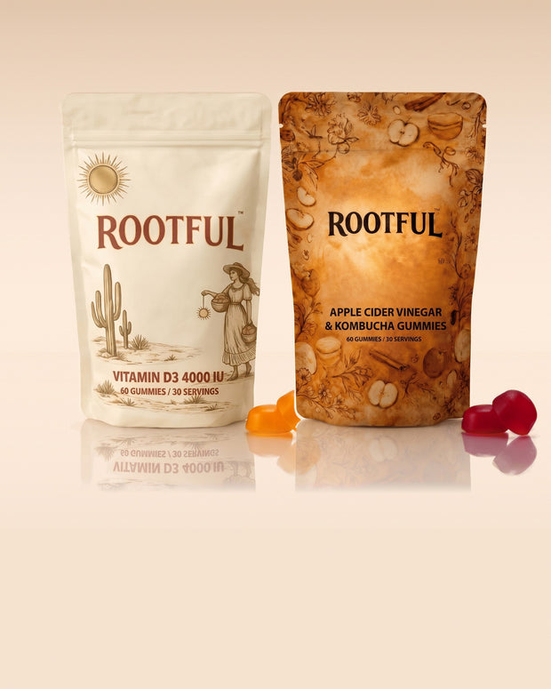 Ritual imunitate + digestie ROOTFUL: jeleuri Vitamin D3 4000 UI și Apple Cider Vinegar & Kombucha