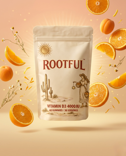 ROOTFUL Vitamin D3 4000 IU gummies — pouch with 60 gummies, 30 servings, surrounded by floating fresh orange slices, apricots, and chamomile sprigs against a warm peach gradient background. Editorial wellness composition supporting immunity, bone health, and energy.