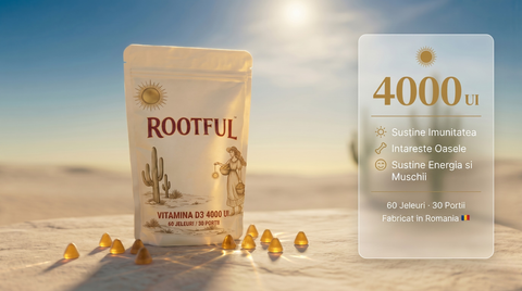 ROOTFUL Vitamina D3 4000 UI jeleuri — pungă cu 60 jeleuri, 30 porții, fabricat în România. Susține imunitatea, oasele și energia. Compoziție editorială cu lumină de soare deșertic, jeleuri aurii în prim-plan și card informativ pe dreapta.
