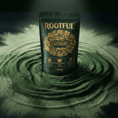 ROOTFUL Superblend greens and superfoods powder 300g dark green pouch emerging from swirling green powder spiral on dark background