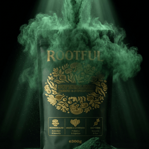 ROOTFUL Superblend greens and superfoods powder 300g dark green pouch with dramatic green powder smoke explosion on black background