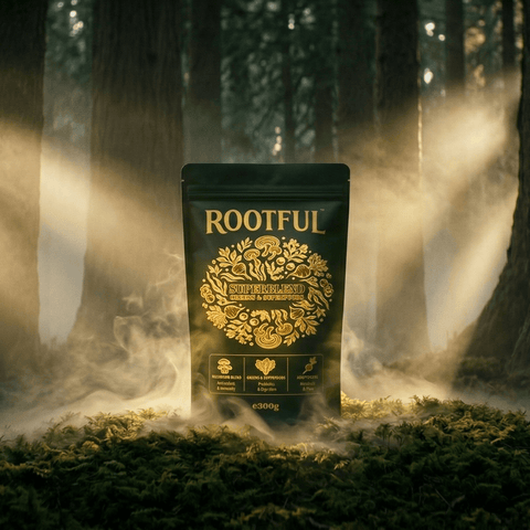 ROOTFUL Superblend greens and superfoods powder 300g dark green pouch in misty ancient forest with dramatic golden god rays light beams
