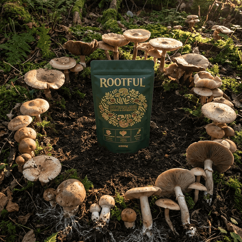 ROOTFUL Superblend greens and superfoods powder 300g dark green pouch surrounded by wild forest mushrooms on natural forest floor