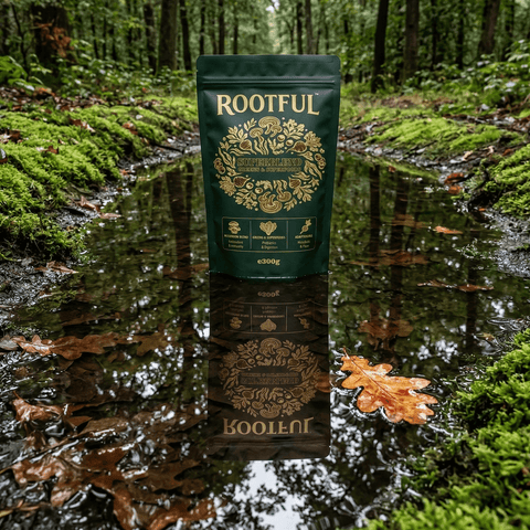ROOTFUL Superblend greens and superfoods powder 300g dark green pouch reflected in forest stream surrounded by moss and autumn oak leaves