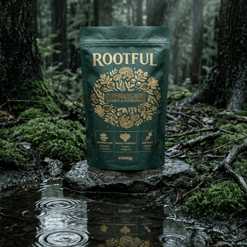 ROOTFUL Superblend greens and superfoods powder 300g dark green pouch on mossy forest rock in rain with water ripples and reflection