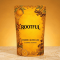 ROOTFUL Vitamin C & Zinc & D3 Gummies – golden botanical pouch, 60 gummies / 30 servings, warm citrus background