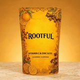 ROOTFUL Vitamin C & Zinc & D3 Gummies – golden botanical pouch, 60 gummies / 30 servings, warm citrus background