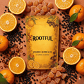 ROOTFUL Vitamin C Zinc D3 gummies pouch surrounded by fresh oranges and dark berries ingredient flatlay, top-down view