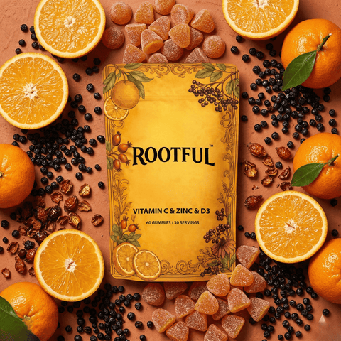ROOTFUL Vitamin C Zinc D3 gummies pouch surrounded by fresh oranges and dark berries ingredient flatlay, top-down view