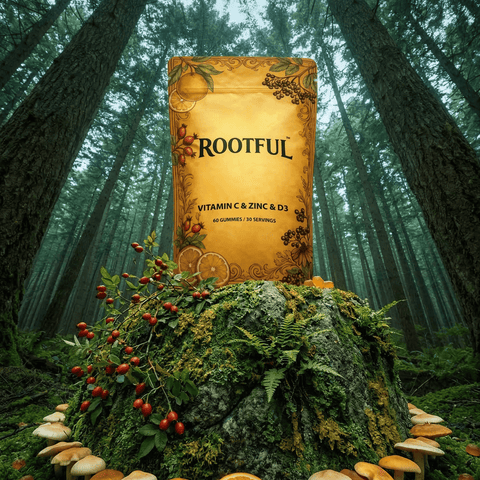 ROOTFUL Vitamin C Zinc D3 gummies pouch on mossy forest floor with sunbeams through green canopy