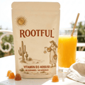 ROOTFUL Vitamin D3 4000 IU Gummies pouch with fresh orange juice glass on sunny terrace, morning wellness ritual