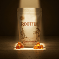 ROOTFUL Vitamin D3 4000 IU Gummies pouch with golden honey-coloured gummies in dramatic studio lighting