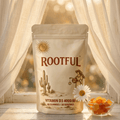 ROOTFUL Vitamin D3 4000 IU Gummies pouch by sheer curtained window with natural daylight and daisy flowers