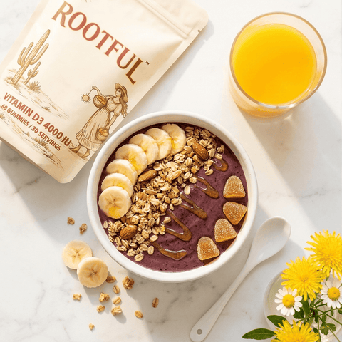 ROOTFUL Vitamin D3 Gummies alongside acai smoothie bowl, banana, granola and orange juice – daily sunshine vitamin routine